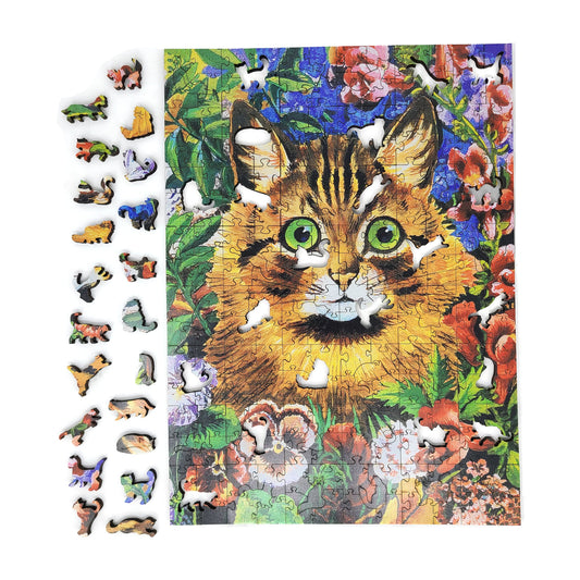 Quebra-cabeça de madeira de grande formato com peças de formato exclusivo para idosos e adultos - 240 peças - Gato entre as flores