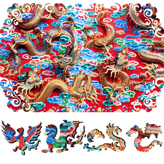 Wooden Jigsaw Puzzle with Uniquely Shaped Pieces for Adults - 290 Pieces - Mystery of The Golden Dragon