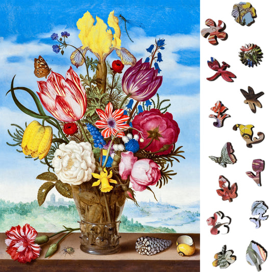 Large Format Wooden Jigsaw Puzzle with Uniquely Shaped Pieces for Seniors and Adults - 240 Pieces - Bouquet of Flowers on a Ledge