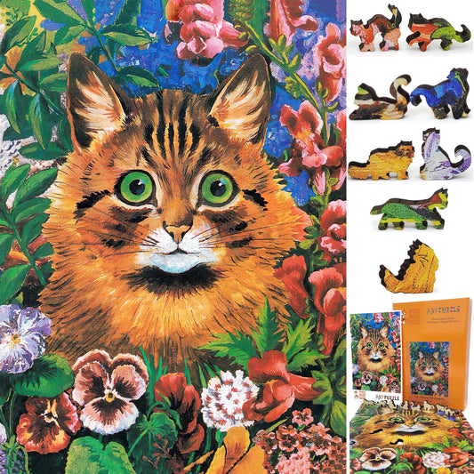Quebra-cabeça de madeira de grande formato com peças de formato exclusivo para idosos e adultos - 240 peças - Gato entre as flores