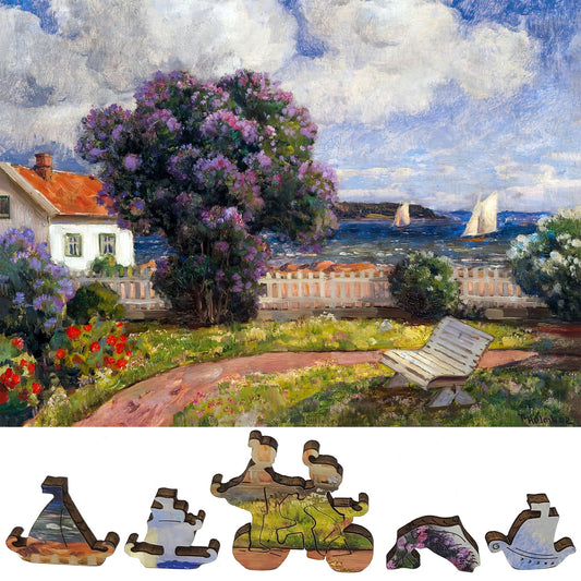 Quebra-cabeça de madeira de grande formato com peças de formato exclusivo para idosos e adultos - 215 peças - Paisagem costeira com arbusto de lilás em flor
