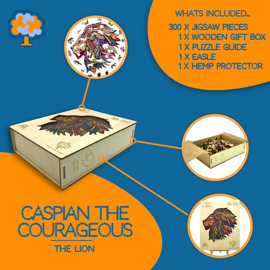 Wooden Jigsaw Puzzle XL 300 Piece (15"x15") – Lion Wood Jigsaw Puzzle for Adults Presented in Wooden Gift Box by The Puzzled Tree