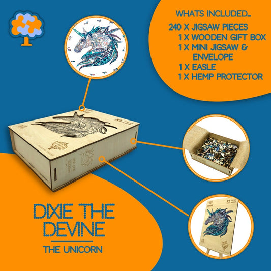 Wooden Jigsaw Puzzle XL 250 Piece (32x30cm) – Unicorn Wooden Jigsaw for Adults Presented in Wooden Gift Box by The Puzzled Tree