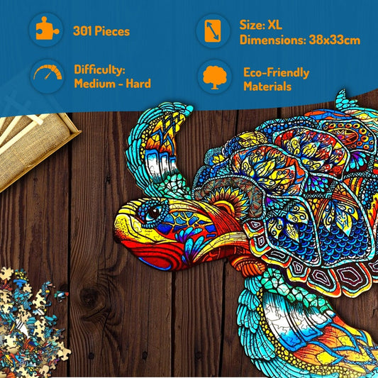 Wooden Jigsaw Puzzle XL 300 Piece (38x32.2cm) – Turtle Wooden Jigsaw for Adults Presented in Wooden Gift Box by The Puzzled Tree