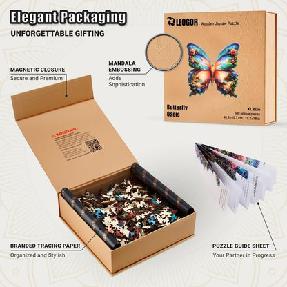 Extra-Thick 5mm Wooden Puzzle for Adults – 500 Pieces | Wood Puzzles Adult with Unique Hand-Shaped Pieces, Butterfly Oasis