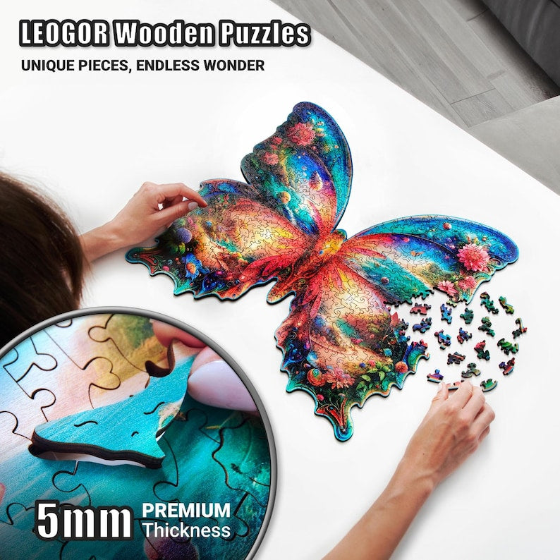 Extra-Thick 5mm Wooden Puzzle for Adults – 500 Pieces | Wood Puzzles Adult with Unique Hand-Shaped Pieces, Butterfly Oasis
