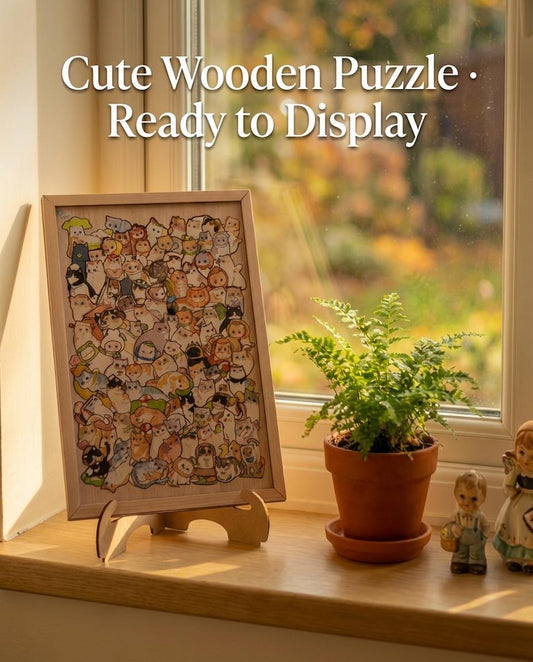 Hand-Drawn Wooden Cat Jigsaw Puzzle - Unique Cat Lover Gift