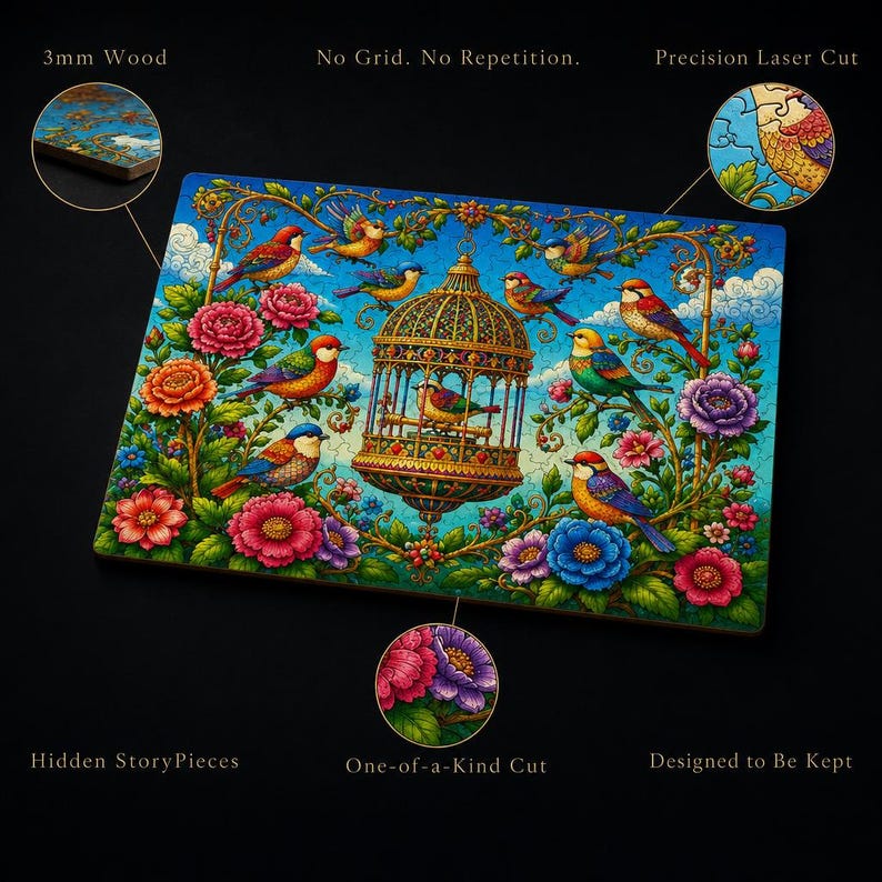 Wooden Jigsaw Puzzle for Adults, Birds & Blossoms, Hidden StoryPieces, Bird Lover Gift