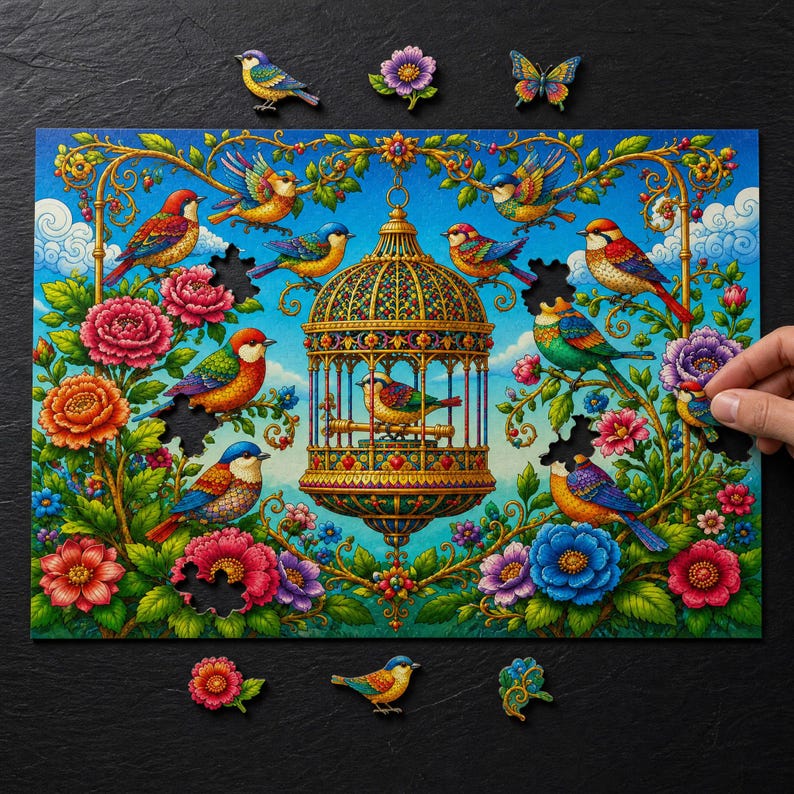 Wooden Jigsaw Puzzle for Adults, Birds & Blossoms, Hidden StoryPieces, Bird Lover Gift