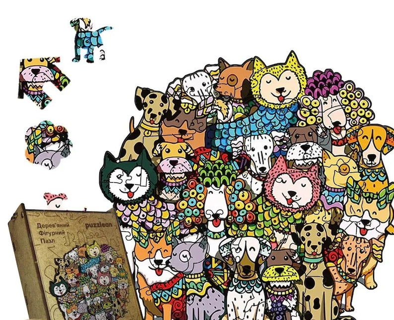 Wooden Puzzle Puppy Planet in Wooden Box – Unique Dog-Themed Jigsaw Puzzle, Gift for Dog Lovers, Available in 5 Sizes